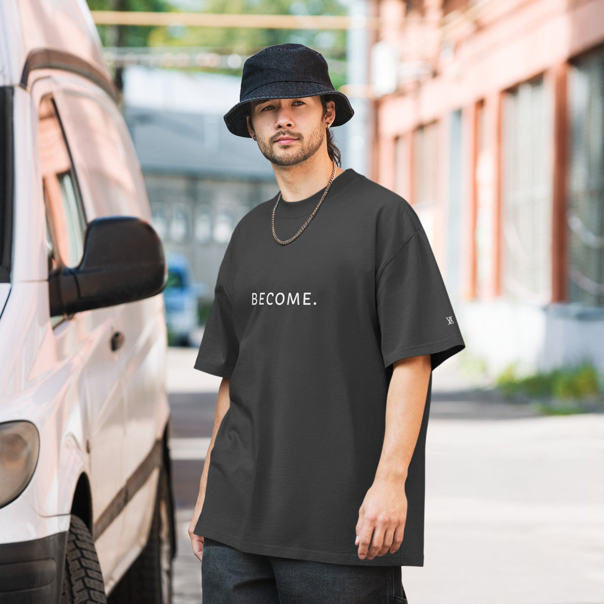 BECOME. Oversized Faded Tee in Faded Black, front view with BECOME. printed across the chest