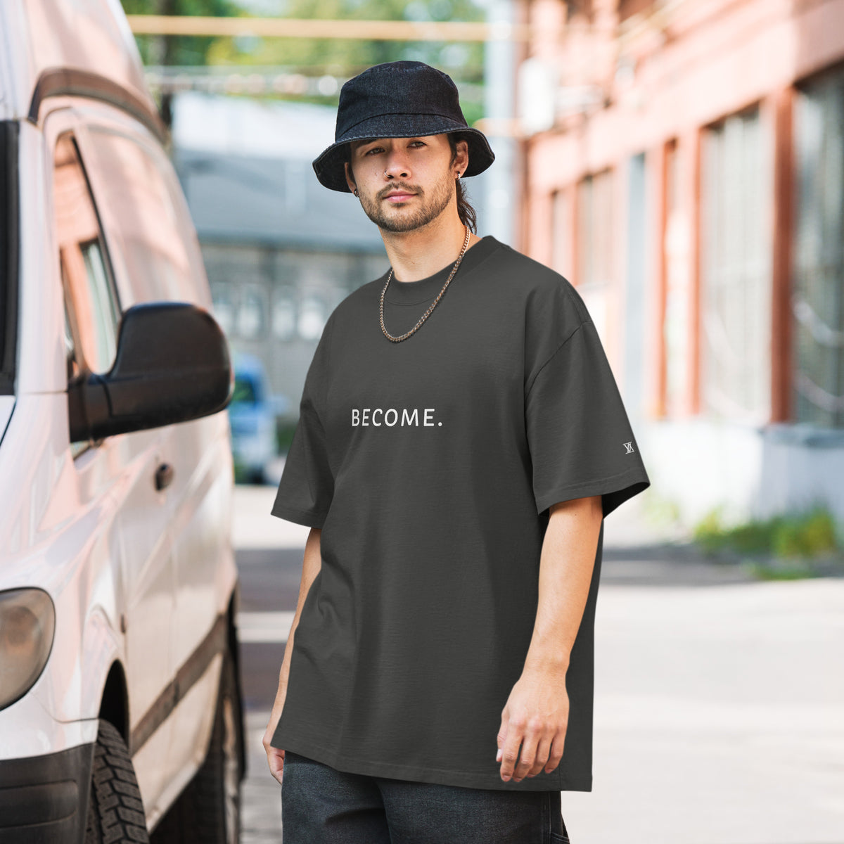 BECOME. Oversized Faded Tee in Faded Coal, front view with BECOME. printed across the chest