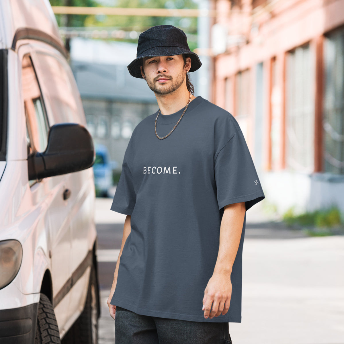 BECOME. Oversized Faded Tee in Faded Indigo, front view with BECOME. printed across the chest