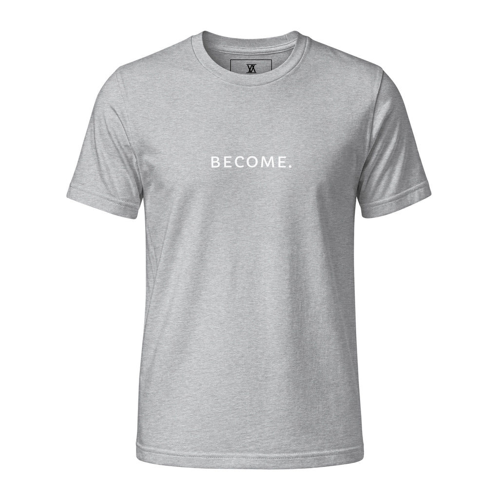 BECOME. Fine Jersey Tee in Heather Grey, front view with BECOME. printed across the chest