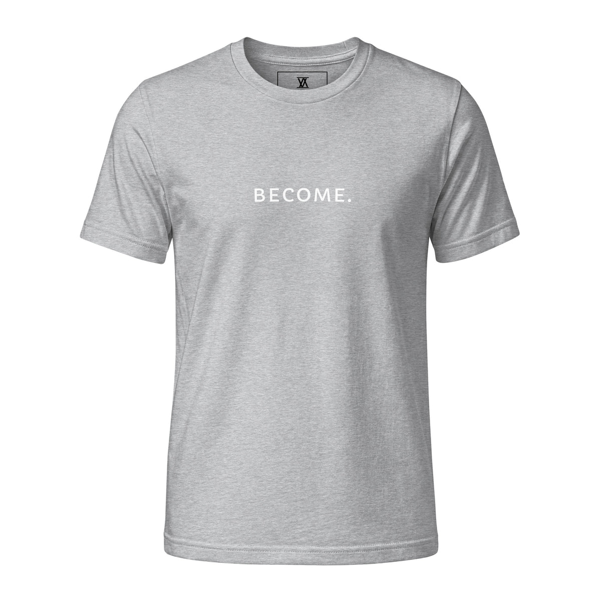 BECOME. Fine Jersey Tee in Heather Grey, front view with BECOME. printed across the chest