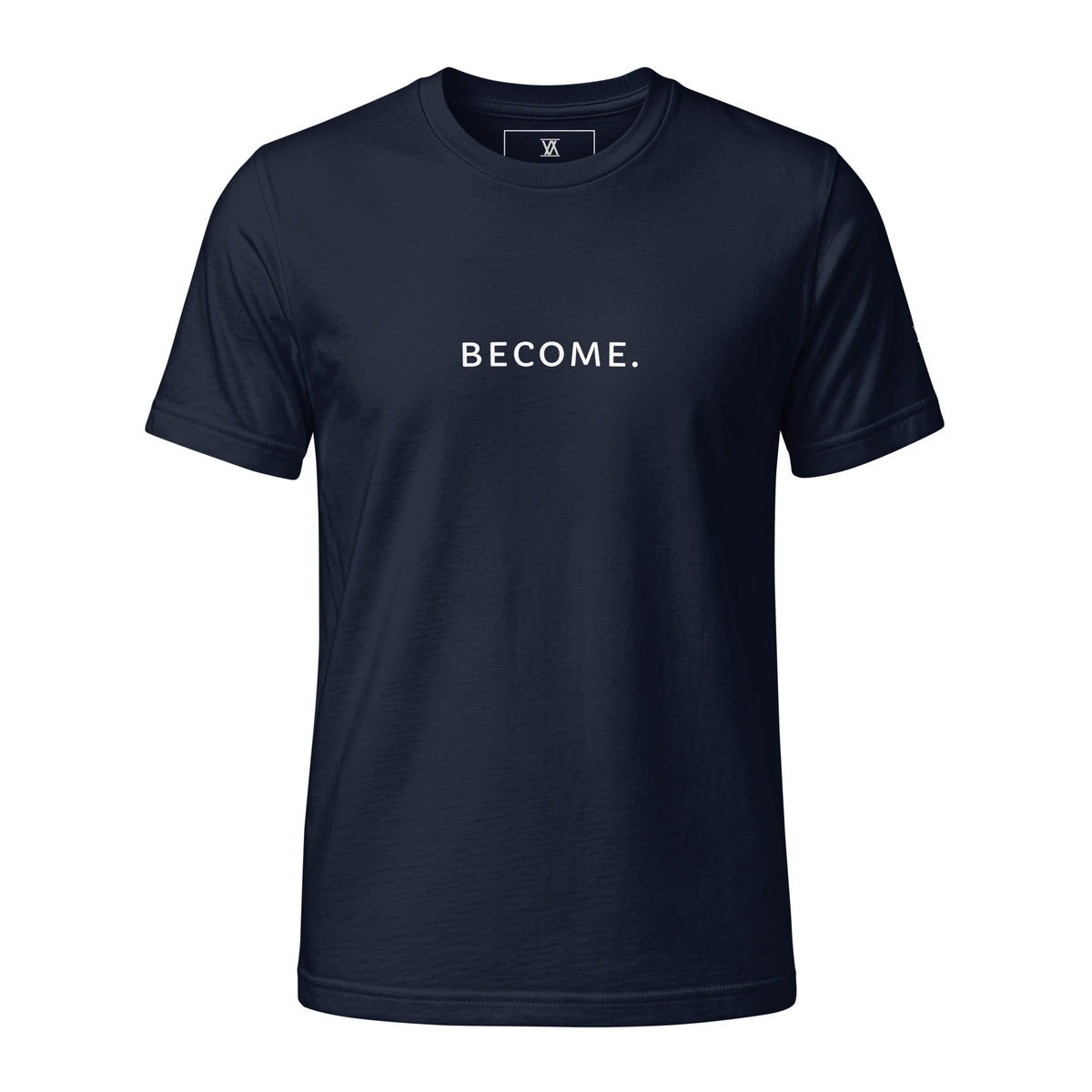 BECOME. Fine Jersey Tee in Navy, front view with BECOME. printed across the chest