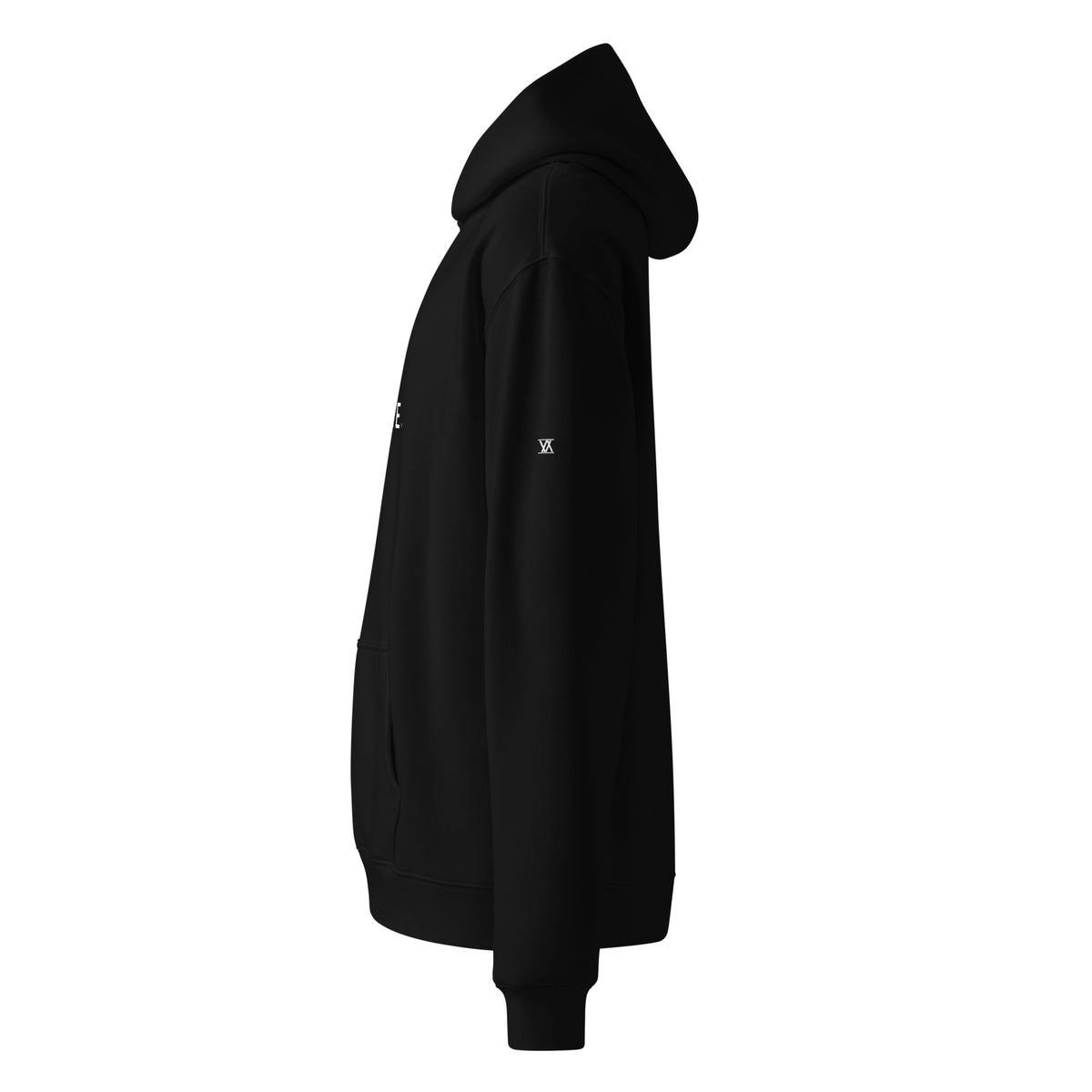 BECOME. Oversized Hoodie in Black, side view showing the Vision Amplified mark on the sleeve