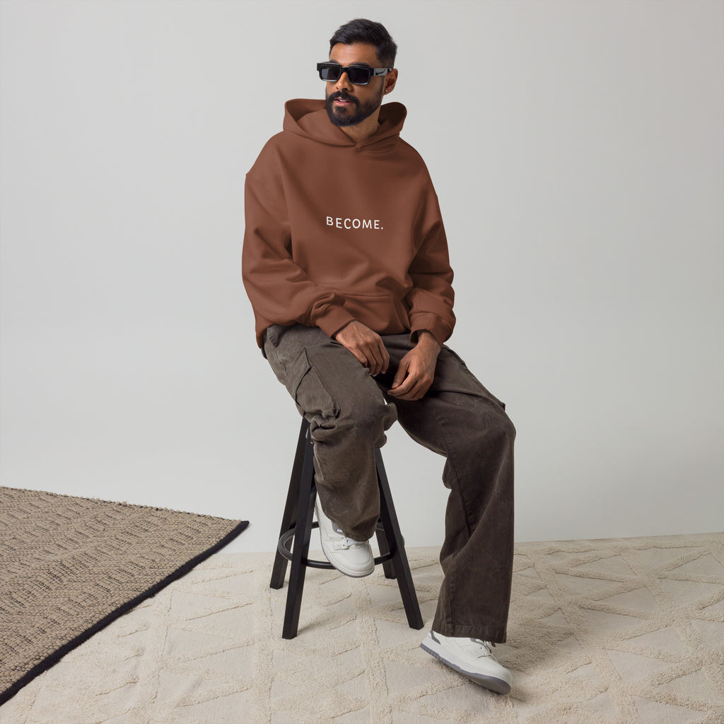 BECOME. Oversized Hoodie in Chestnut, front view with BECOME. printed across the chest