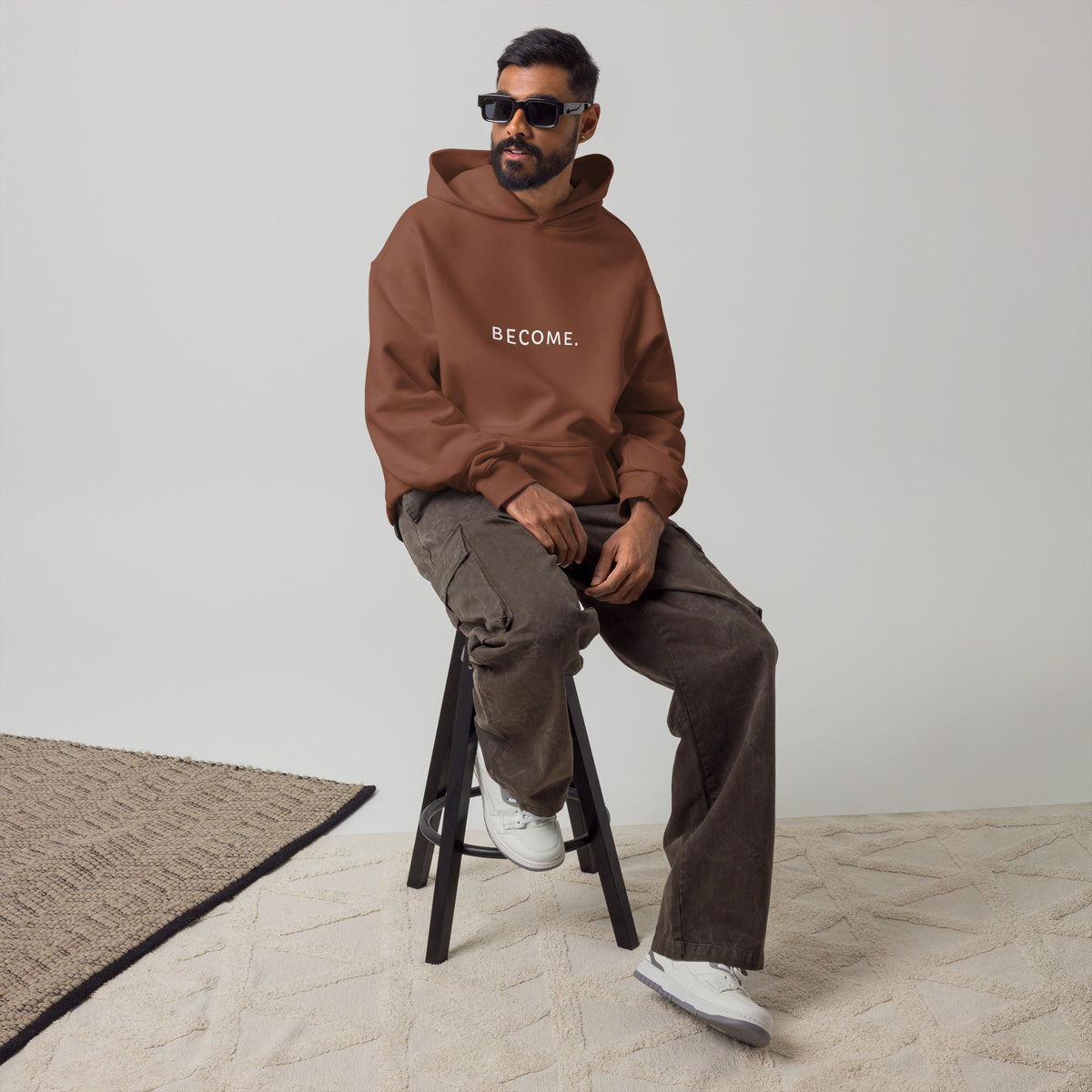 BECOME. Oversized Hoodie in Chestnut, front view with BECOME. printed across the chest