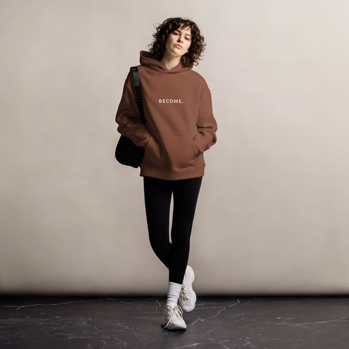 BECOME. Oversized Hoodie in Chestnut, front view with BECOME. printed across the chest