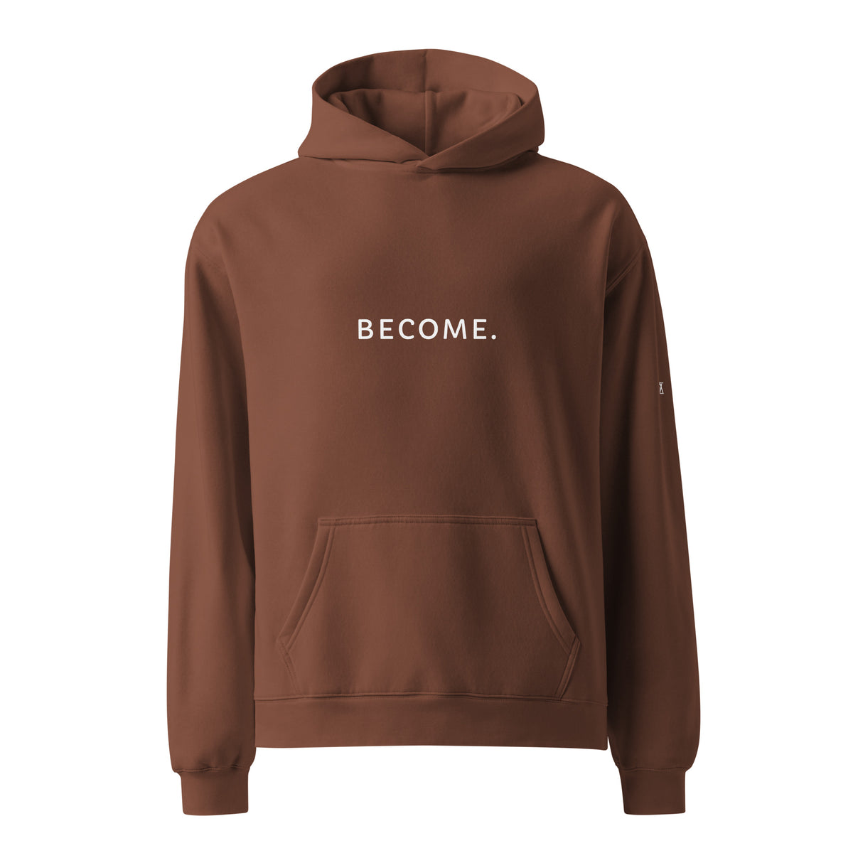 BECOME. Oversized Hoodie in Chestnut, front view with BECOME. printed across the chest