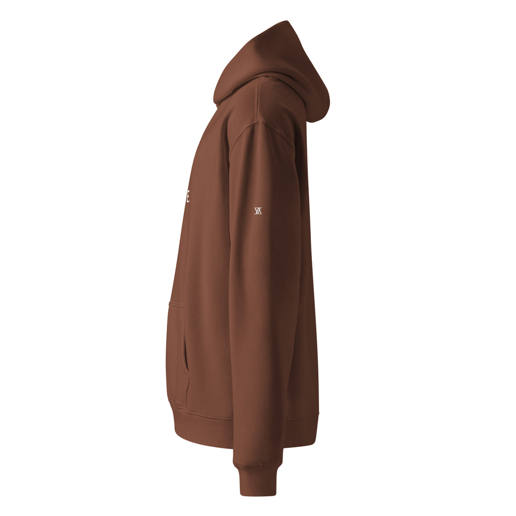 BECOME. Oversized Hoodie in Chestnut, side view showing the Vision Amplified mark on the sleeve