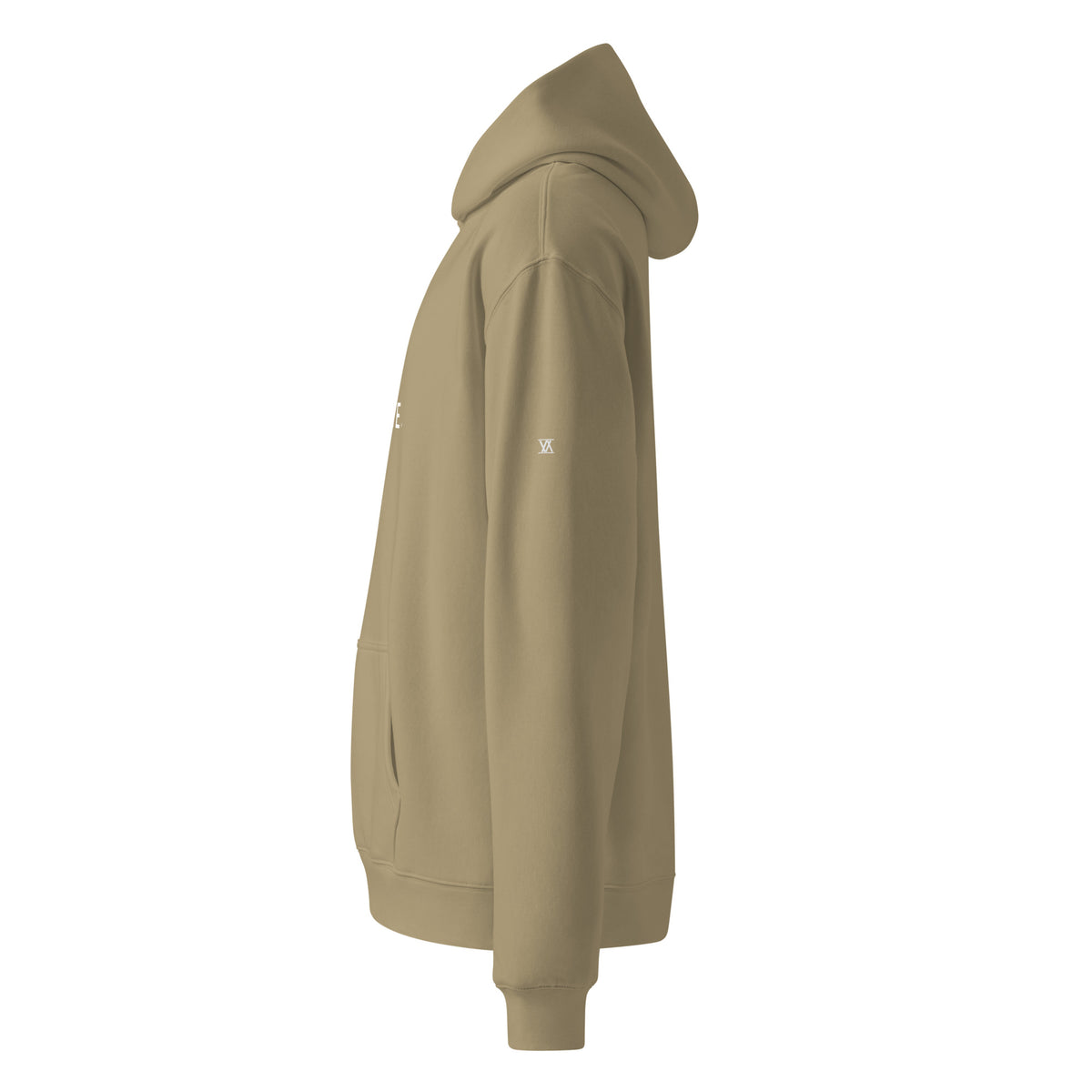 BECOME. Oversized Hoodie in Sand, side view showing the Vision Amplified mark on the sleeve